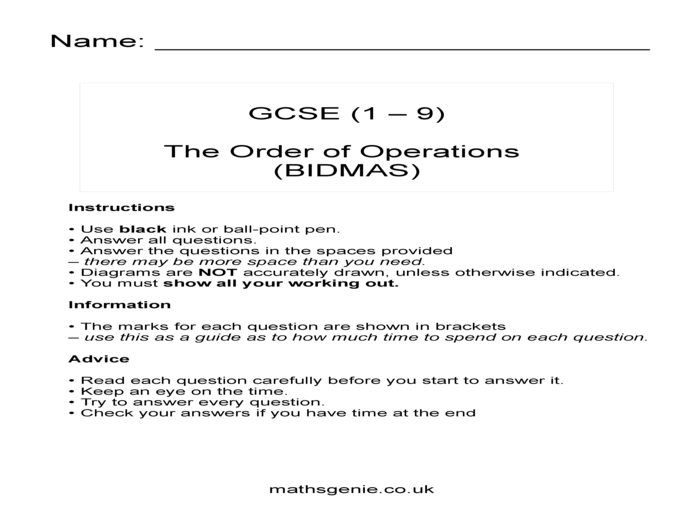 BODMAS exam questions